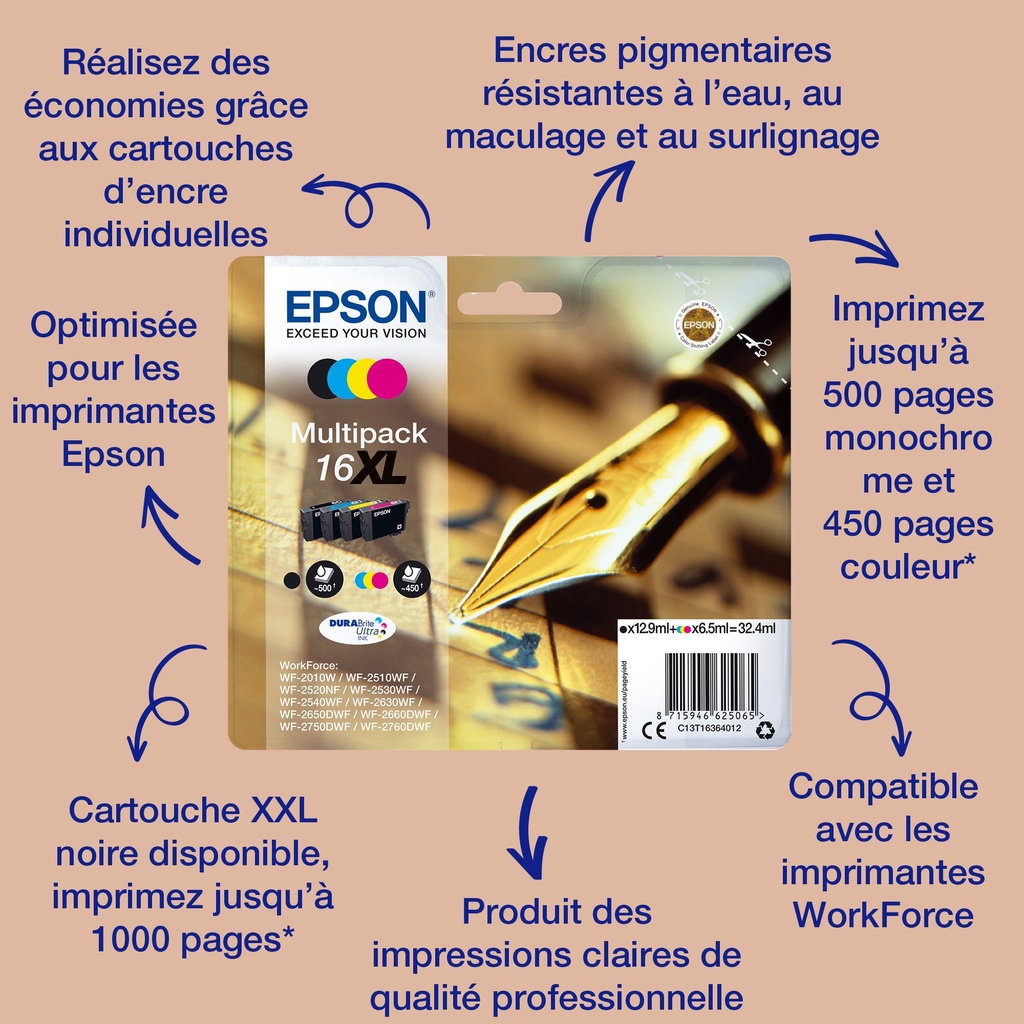 Epson C13T16244012/16 Cartouche d'encre jaune, 165 Feuilles 3,1ml pour Epson WF 2010/2660/2750