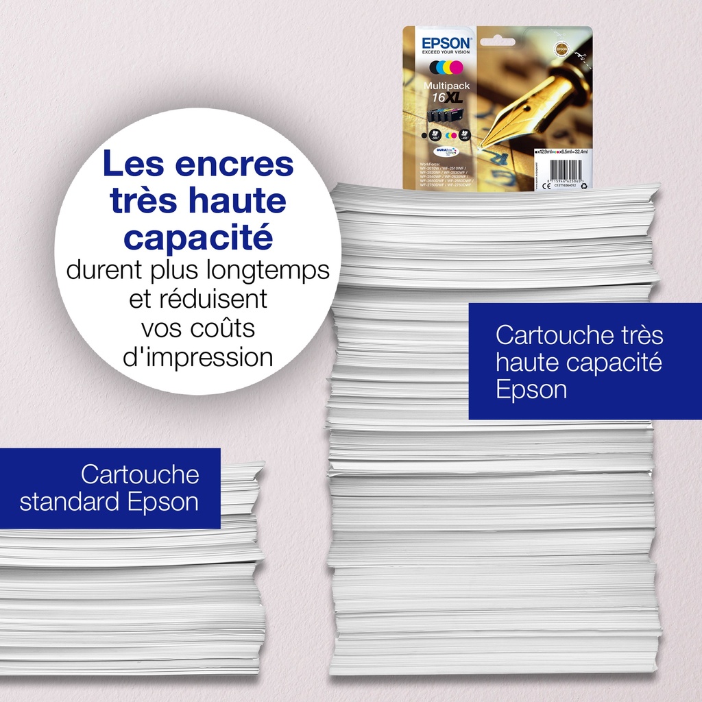 Epson C13T16224012/16 Cartouche d'encre cyan, 165 Feuilles 3,1ml pour Epson WF 2010/2660/2750