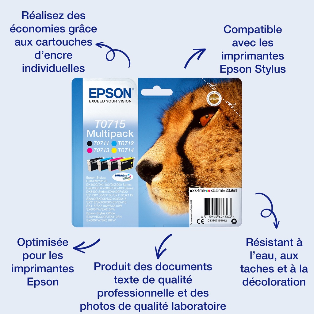 Epson C13T07124012/T0712 Cartouche d'encre cyan, 345 Feuilles ISO/IEC 19752 5,5ml pour Epson Stylus BX 310/600/D 120/D 78/S 20