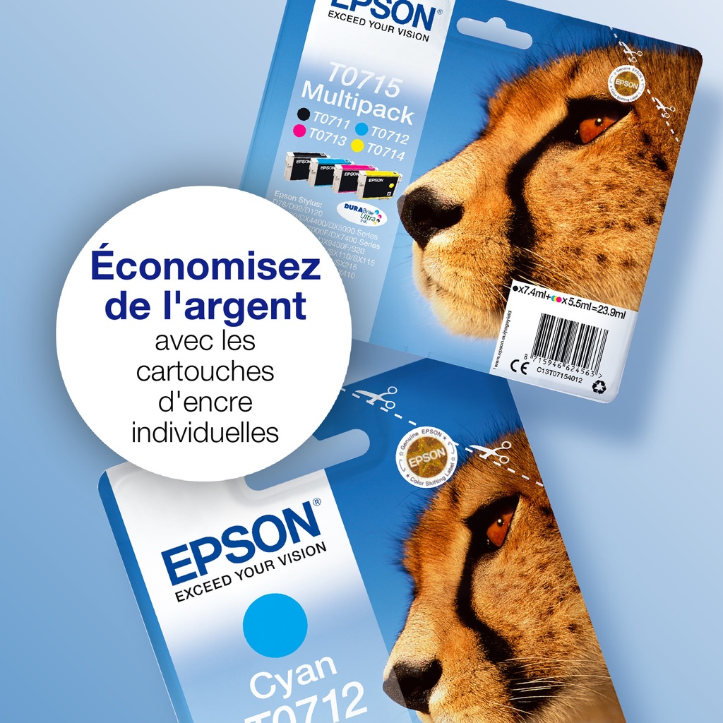 Epson C13T07124012/T0712 Cartouche d'encre cyan, 345 Feuilles ISO/IEC 19752 5,5ml pour Epson Stylus BX 310/600/D 120/D 78/S 20