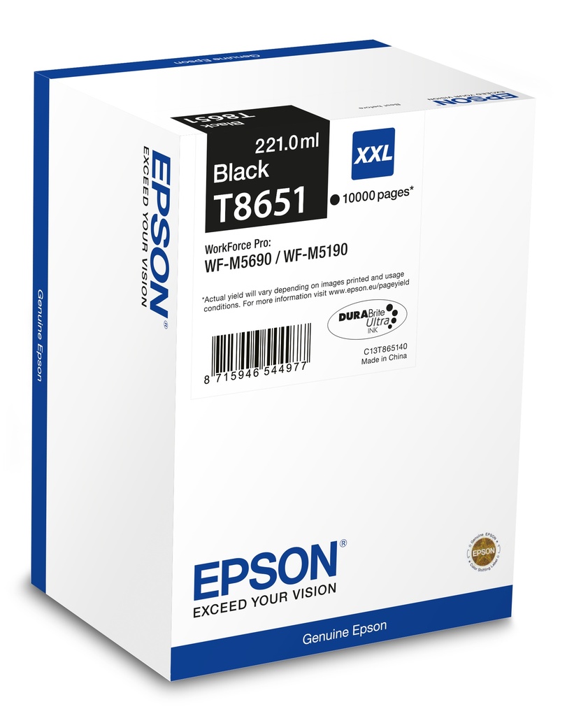 Epson C13T865140/T8651 Cartouche d'encre noire, 10.000 Pages 221ml pour Epson WF-M 5000