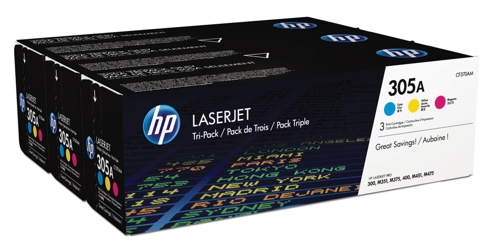 HP CF370AM/305A Cartouche toner MultiPack C,M,Y, 3x2.600 Pages ISO/IEC 19798 UE3 pour HP LaserJet M 375
