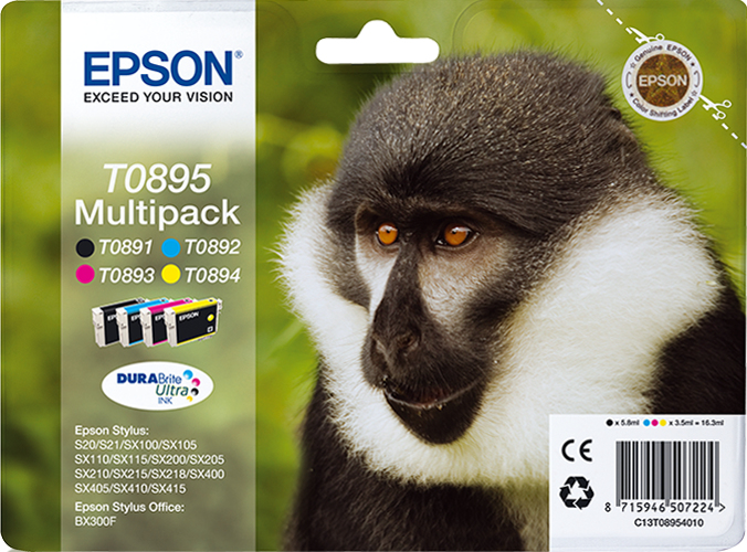 Epson C13T08954011/T0895 Cartouche d'encre multi pack Bk,C,M,Y 5,8ml + 3x3,5ml UE4 pour Epson Stylus S 20/SX 115/SX 415
