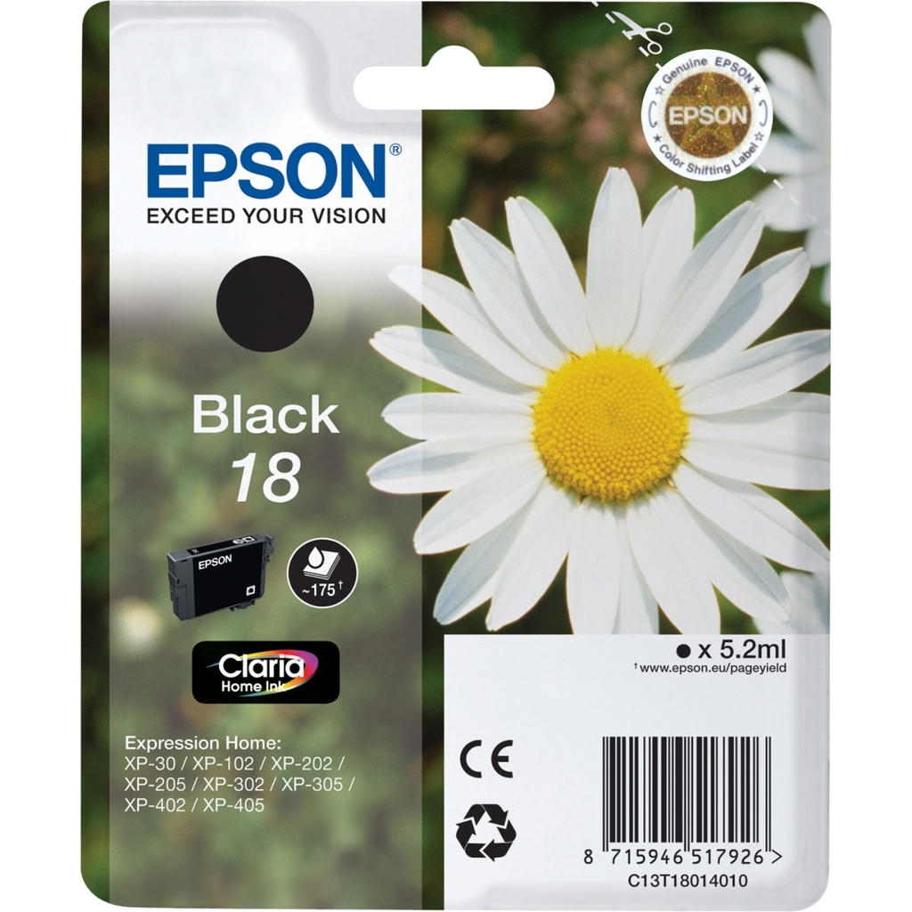 Epson C13T18014010/18 Cartouche d'encre noire, 175 Pages 5ml pour Epson XP 30