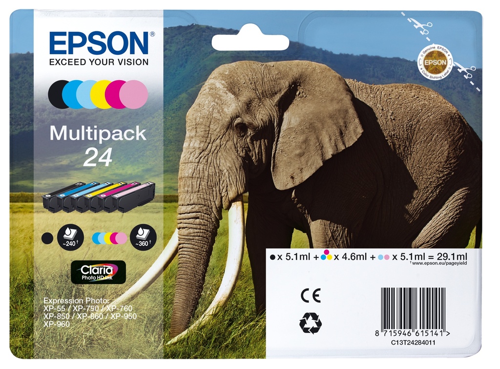 Epson C13T24284011/24 Cartouche d'encre multi pack Bk,C,M,Y,LC,LM, 6x360 Pages 1x240pg + 5x360pg, 1x5.1ml + 5x4.6ml UE6 pour Epson XP 750