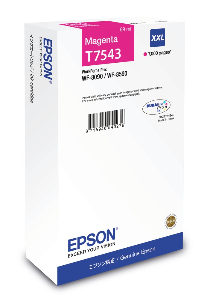 Epson C13T754340/T7543 Cartouche d'encre magenta, 7.000 Feuilles ISO/IEC 24711 69ml pour Epson WF 8090