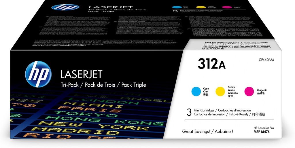 HP CF440AM/312A Cartouche toner MultiPack cyan magenta jaune, 3x2.700 Feuilles ISO/IEC 19798 UE3 pour HP CLJ Pro M 476