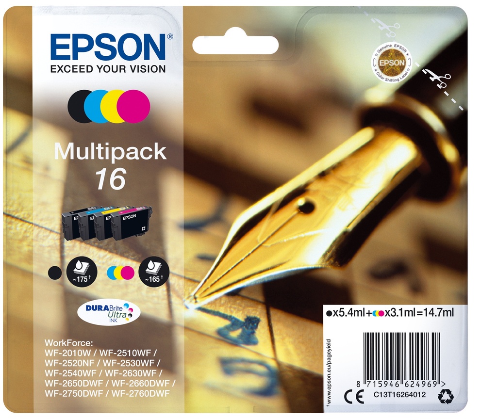 Epson C13T16264012/16 Cartouche d'encre multi pack Bk,C,M,Y 175pg + 3x165pg, 1x5.4ml + 3x3.1ml UE4 pour Epson WF 2010/2660/2750