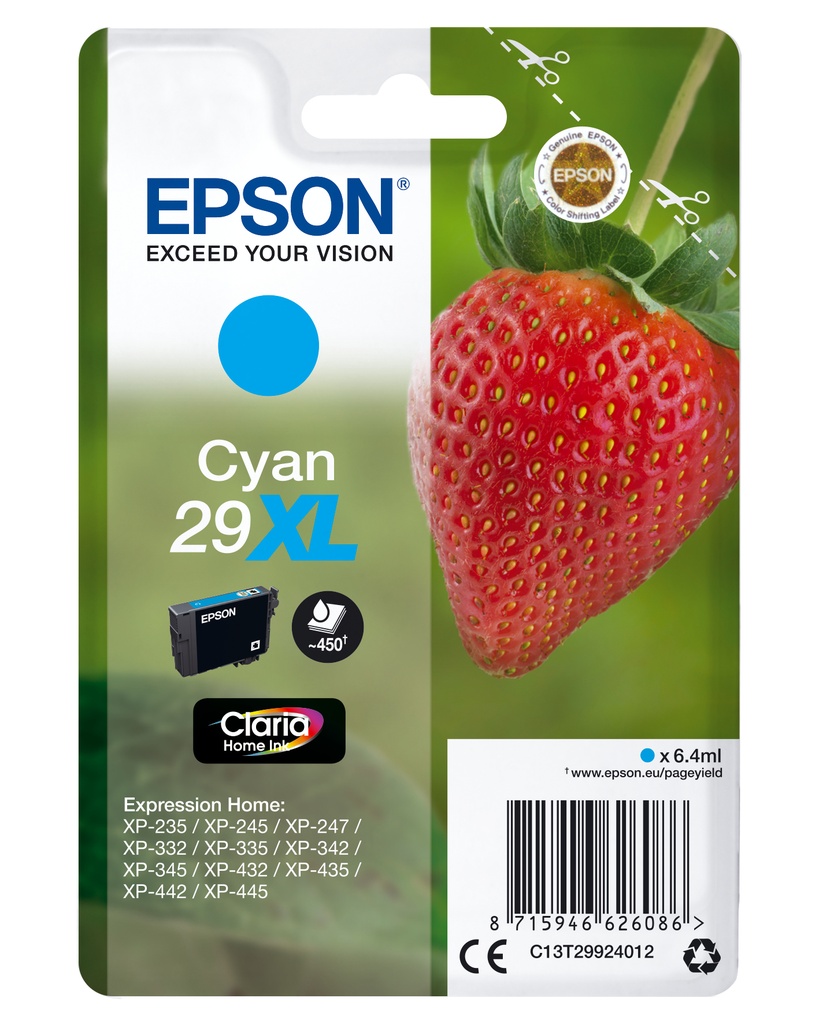 Epson C13T29924012/29XL Cartouche d'encre cyan haute capacité, 450 Feuilles ISO/IEC 19752 6,4ml pour Epson XP 235/335