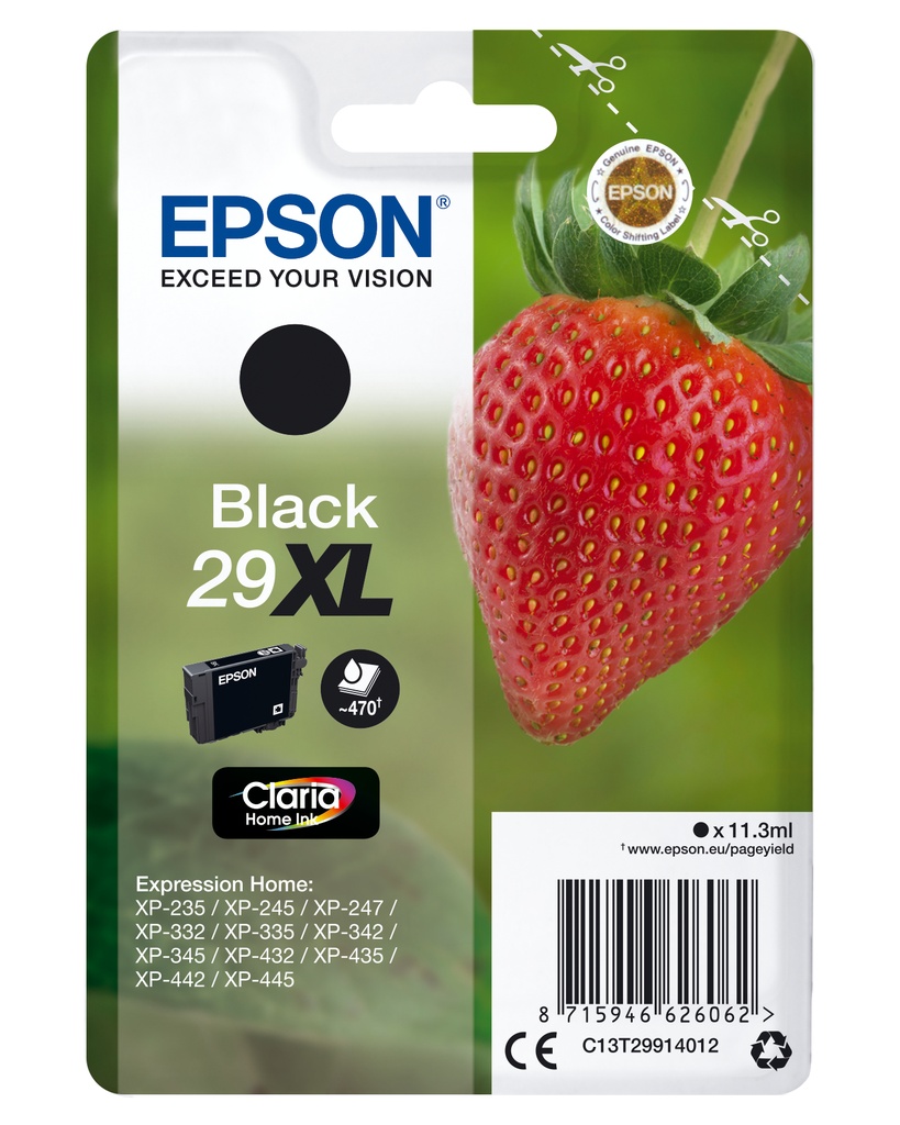 Epson C13T29914012/29XL Cartouche d'encre noire haute capacité, 470 Feuilles ISO/IEC 19752 11,3ml pour Epson XP 235/335