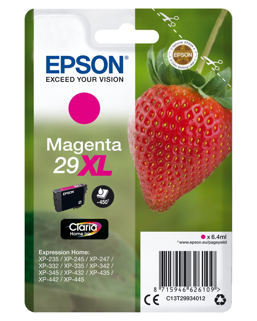 Epson C13T29934012/29XL Cartouche d'encre magenta haute capacité, 450 Feuilles ISO/IEC 19752 6,4ml pour Epson XP 235/335