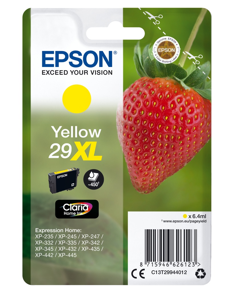 Epson C13T29944012/29XL Cartouche d'encre jaune haute capacité, 450 Feuilles ISO/IEC 19752 6,4ml pour Epson XP 235/335