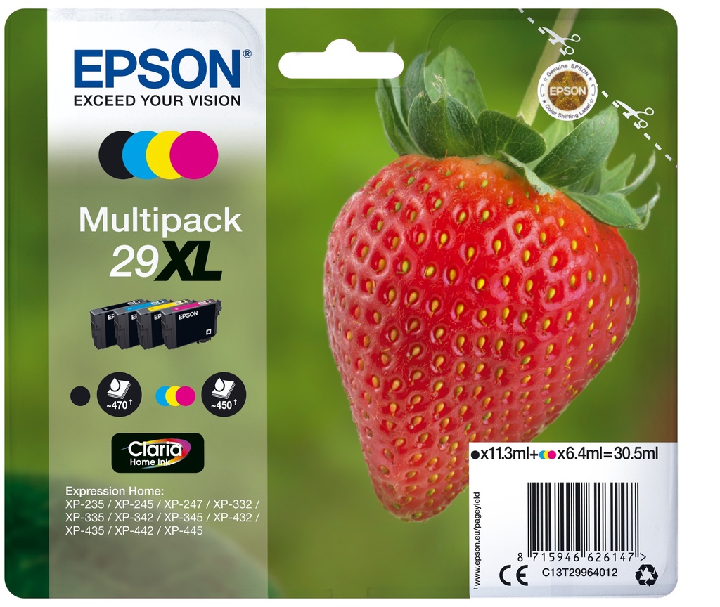 Epson C13T29964012/29XL Cartouche d'encre multi pack Bk,C,M,Y haute capacité 11,3ml + 3x6,4ml UE4 pour Epson XP 235/335
