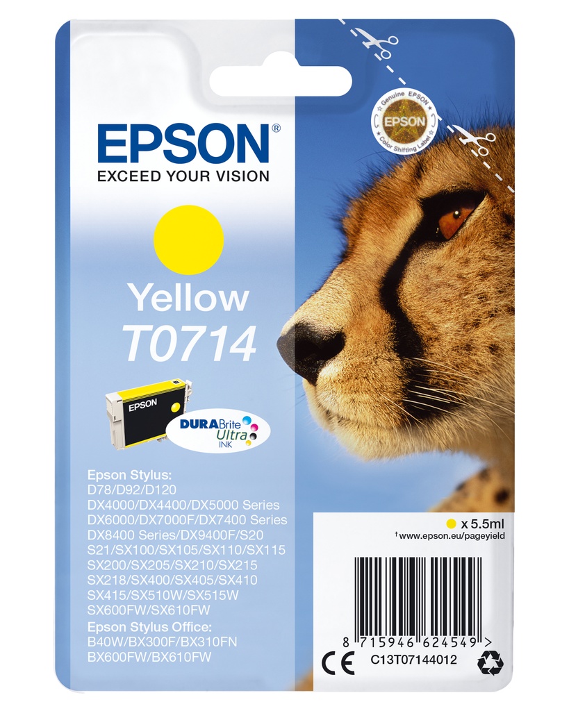 Epson C13T07144012/T0714 Cartouche d'encre jaune, 415 Feuilles ISO/IEC 19752 5,5ml pour Epson Stylus BX 310/600/D 120/D 78/S 20