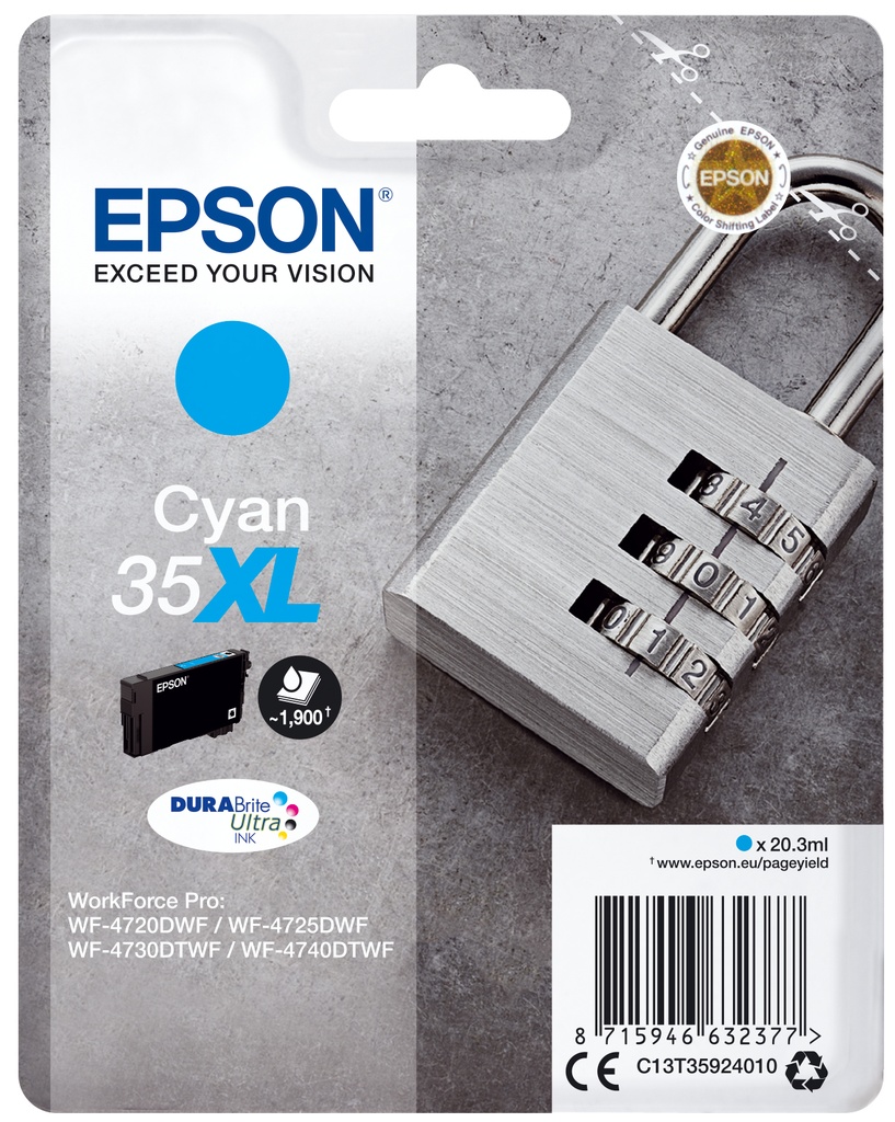 Epson C13T35924010/35XL Cartouche d'encre cyan haute capacité, 1.900 Feuilles 20,3ml pour Epson WF-4720