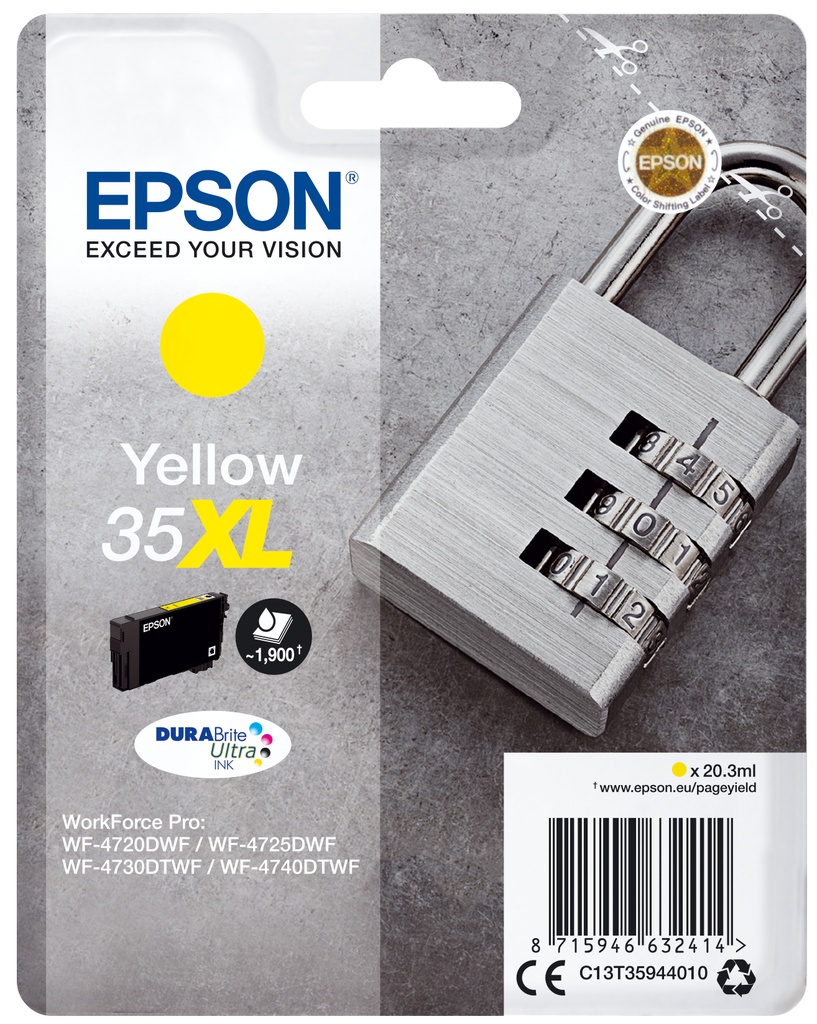 Epson C13T35944010/35XL Cartouche d'encre jaune haute capacité, 1.900 Feuilles 20,3ml pour Epson WF-4720