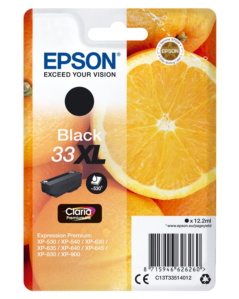 Epson C13T33514012/33XL Cartouche d'encre noire haute capacité, 530 Feuilles ISO/IEC 24711 12,2ml pour Epson XP 530