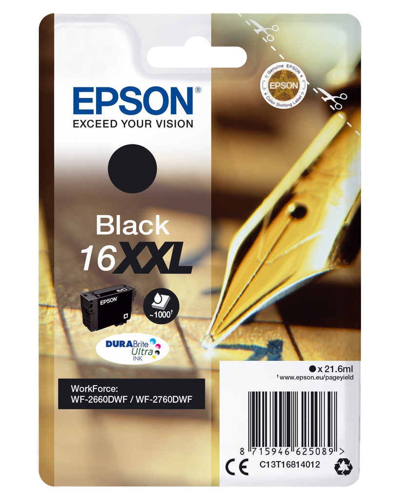 Epson C13T16814012/16XXL Cartouche d'encre noire extra haute capacité, 1.000 Pages ISO/IEC 24711 21.6ml pour Epson WF 2660