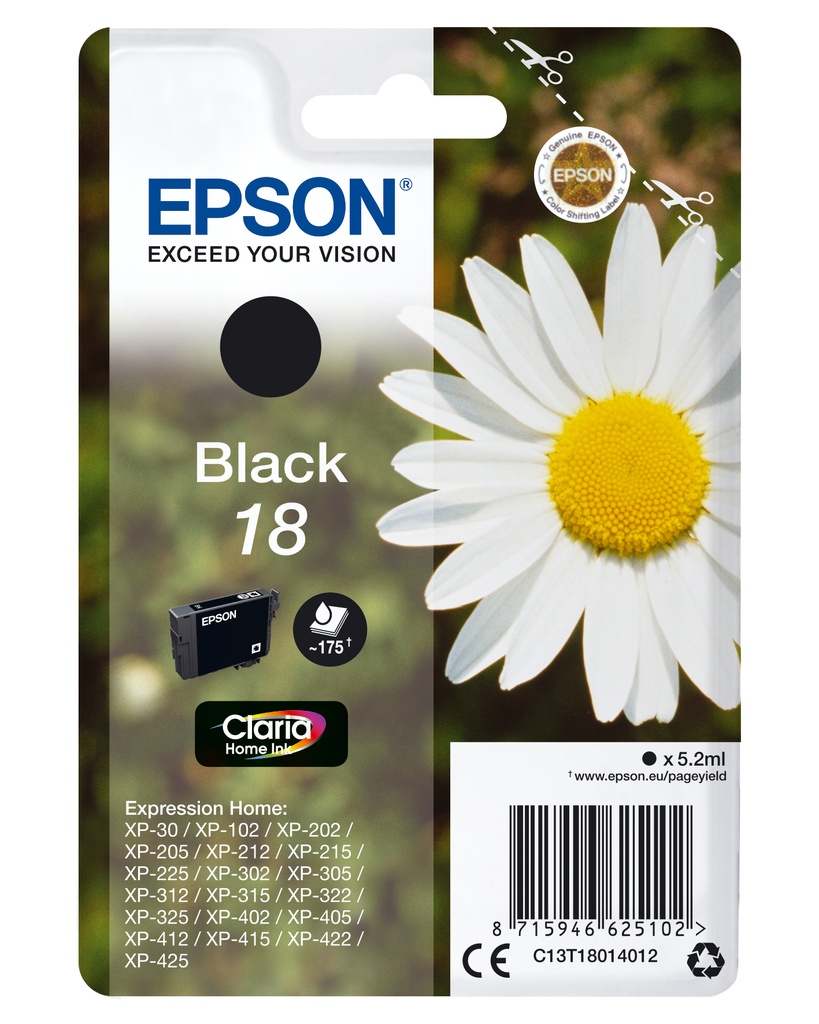 Epson Daisy C13T18014012|18 Cartouche d'encre noire, 175 Feuilles 5.2ml pour Epson XP 30