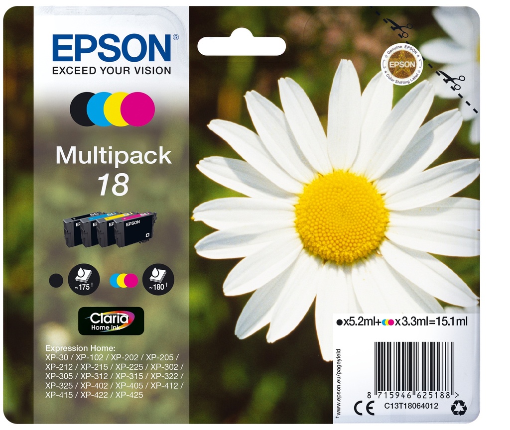Epson C13T18064012/18 Cartouche d'encre multi pack Bk,C,M,Y 175pg + 3x180pg, 1x 5ml + 3x 3ml UE4 pour Epson XP 30
