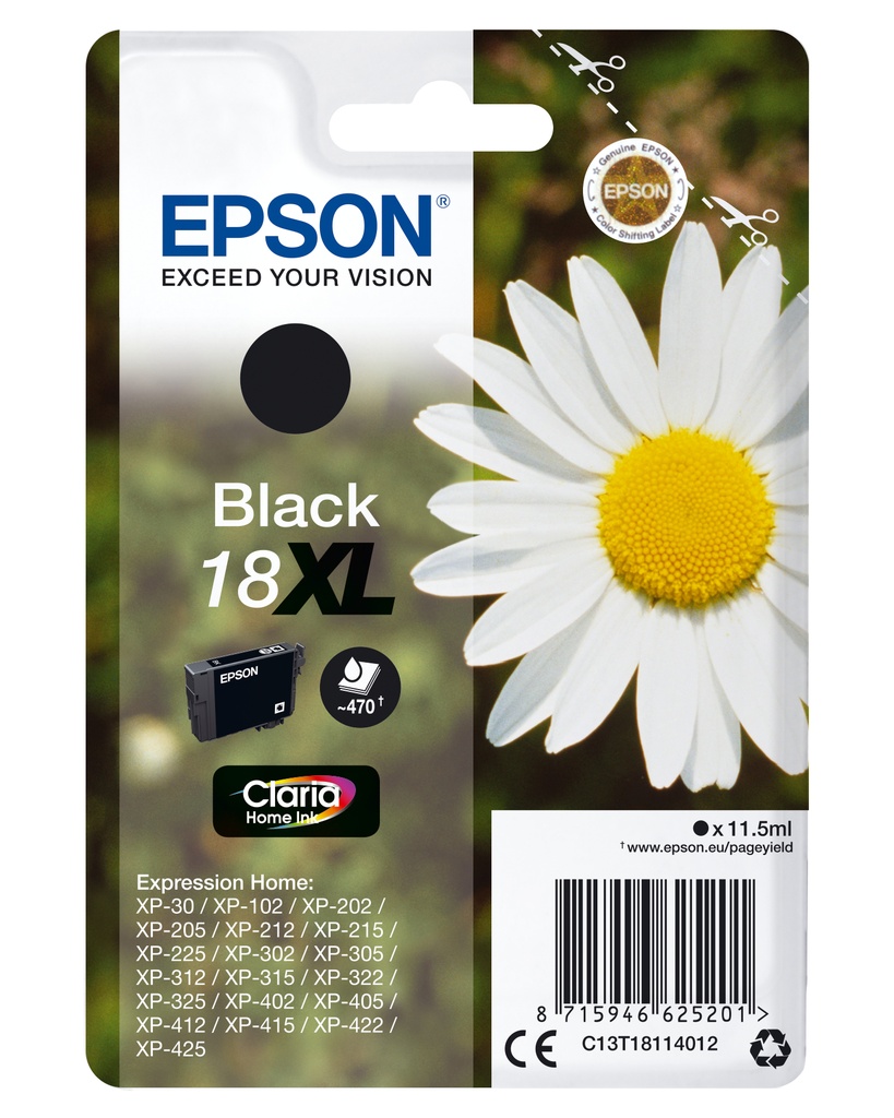 Epson C13T18114012/18XL Cartouche d'encre noire haute capacité, 470 Feuilles 11,5ml pour Epson XP 30
