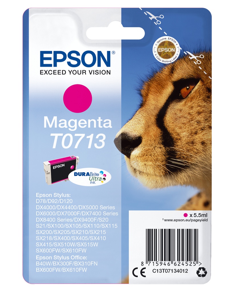 Epson C13T07134012/T0713 Cartouche d'encre magenta, 250 Feuilles ISO/IEC 19752 5,5ml pour Epson Stylus BX 310/600/D 120/D 78/S 20