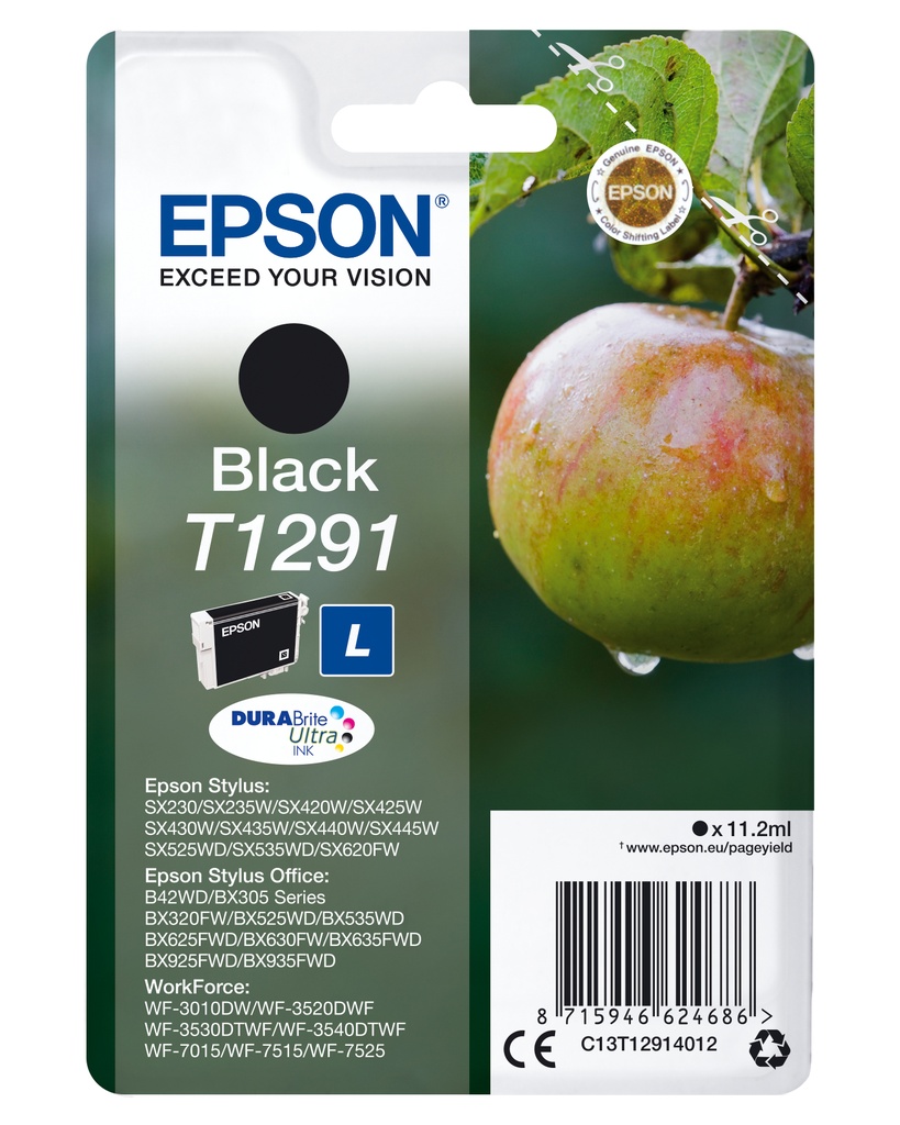 Epson C13T12914012/T1291 Cartouche d'encre noire, 380 Feuilles ISO/IEC 19752 11,2ml pour Epson Stylus BX 320/SX 235 W/SX 420/SX 525/WF 3500