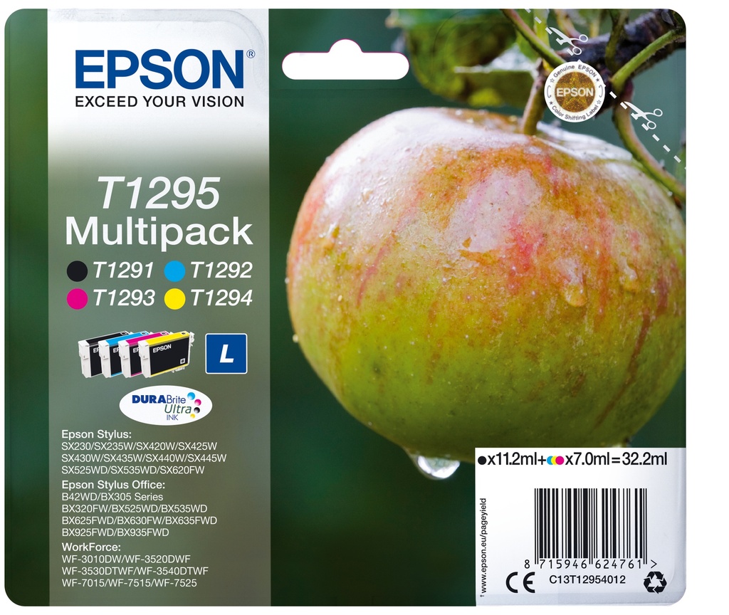 Epson C13T12954012/T1295 Cartouche d'encre multi pack Bk,C,M,Y 11,2 ml + 3x7 ml UE4 pour Epson Stylus BX 320/SX 235 W/SX 420/SX 525/WF 3500