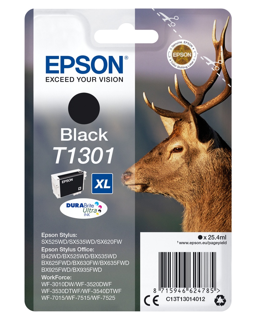 Epson C13T13014012/T1301 Cartouche d'encre noire XL, 945 Feuilles 25,4ml pour Epson Stylus SX 525/WF 3500