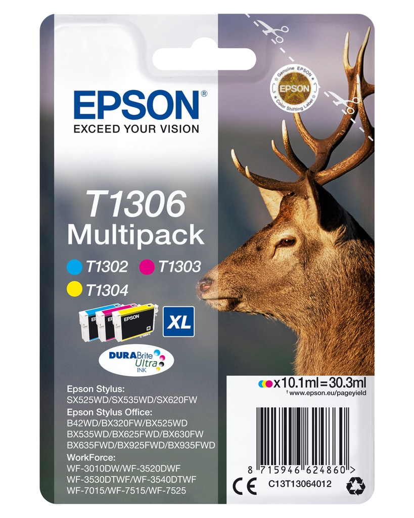 Epson C13T13064012/T1306 Cartouche d'encre multi pack C,M,Y XL 3x10.1ml UE3 pour Epson Stylus BX 320/SX 525/WF 3500