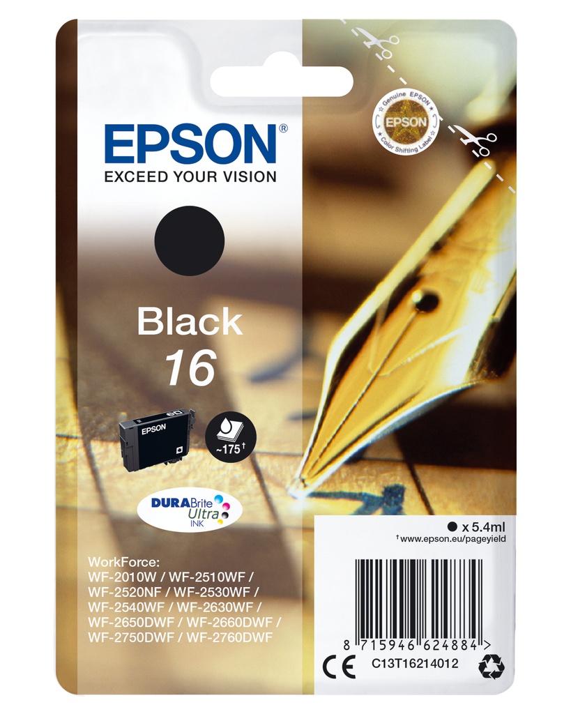 Epson C13T16214012/16 Cartouche d'encre noire, 175 Feuilles 5,4ml pour Epson WF 2010/2660/2750