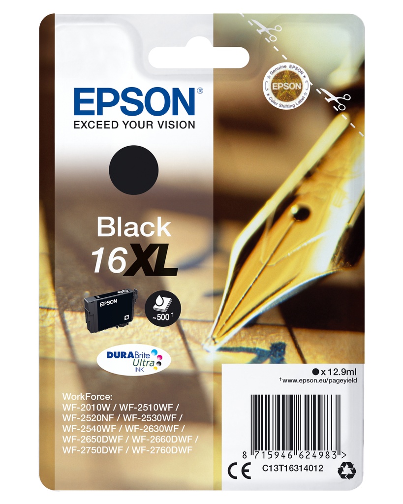 Epson C13T16314012/16XL Cartouche d'encre noire haute capacité XL, 500 Feuilles 12,9ml pour Epson WF 2010/2660/2750