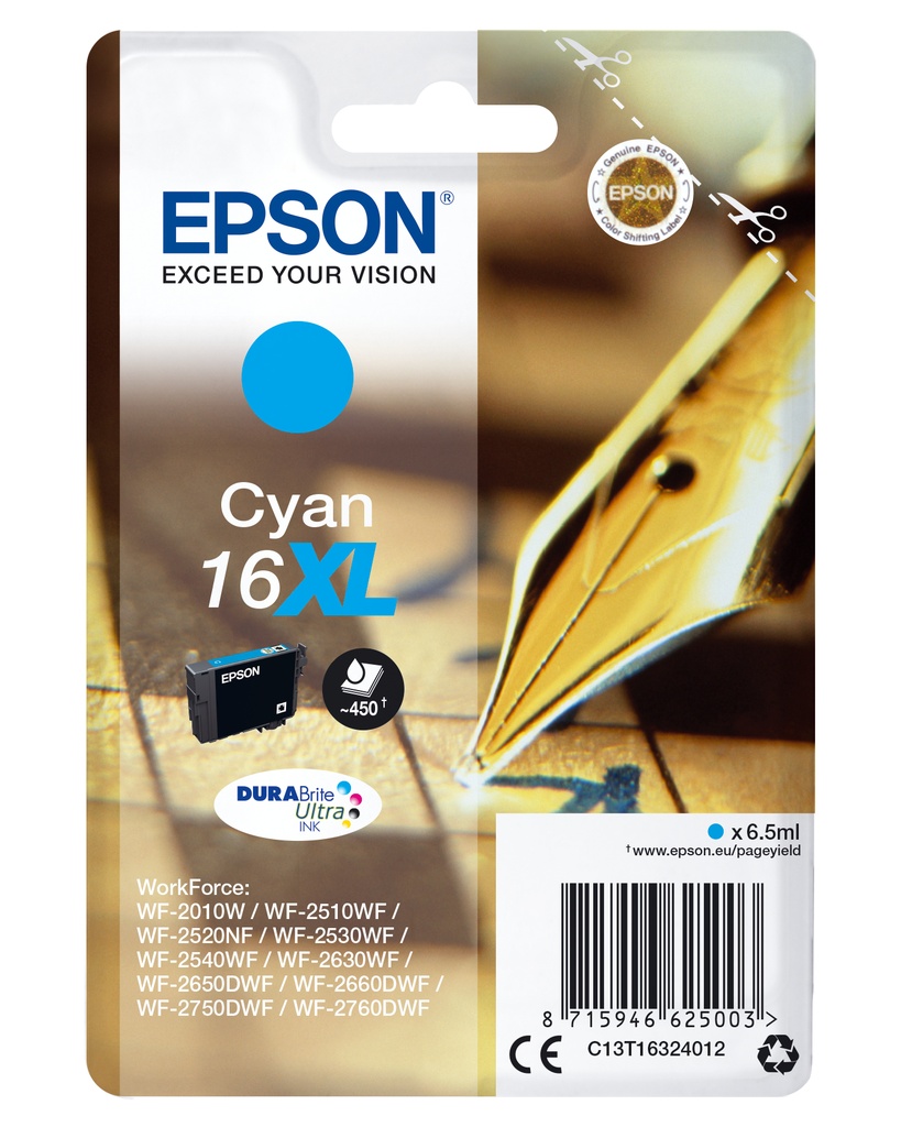 Epson C13T16324012/16XL Cartouche d'encre cyan haute capacité XL, 450 Feuilles 6,5ml pour Epson WF 2010/2660/2750