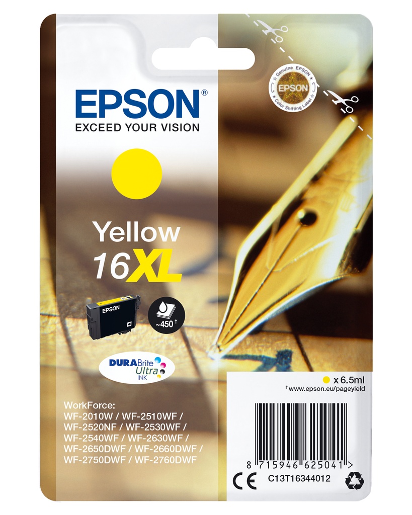 Epson C13T16344012/16XL Cartouche d'encre jaune haute capacité XL, 450 Feuilles 6,5ml pour Epson WF 2010/2660/2750