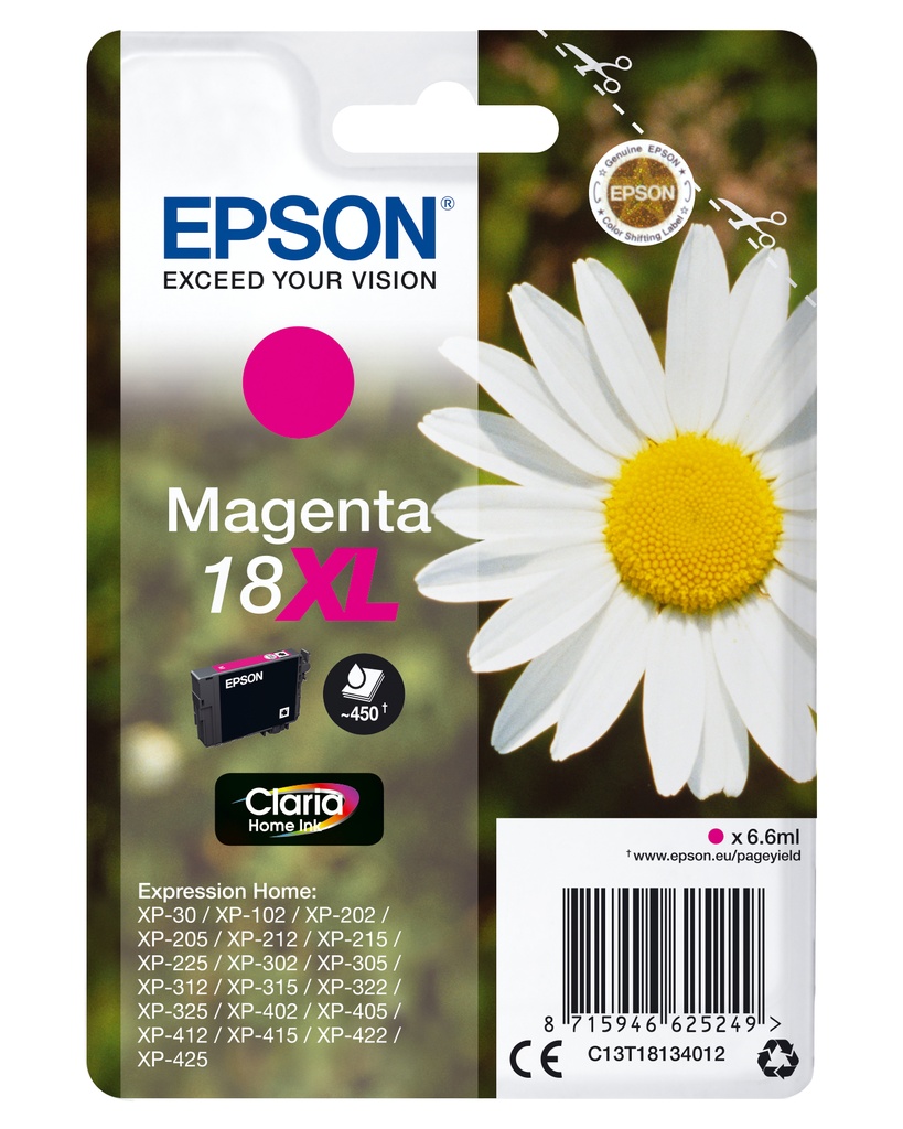 Epson C13T18134012/18XL Cartouche d'encre magenta haute capacité, 450 Feuilles 6,6ml pour Epson XP 30