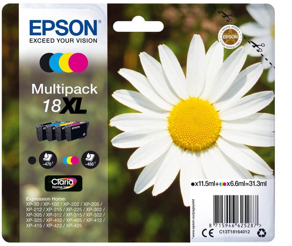 Epson C13T18164012/18XL Cartouche d'encre multi pack Bk,C,M,Y haute capacité 470pg + 3x450pg, 1x 12ml + 3x 7ml UE4 pour Epson XP 30