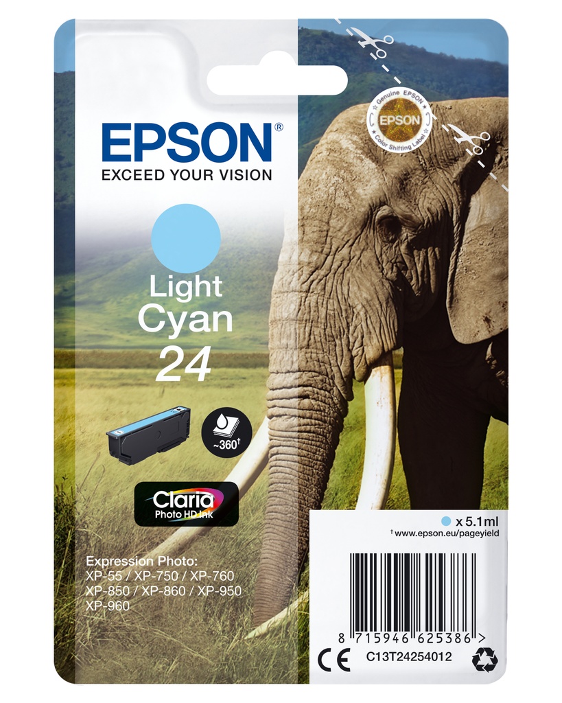 Epson C13T24254012/24 Cartouche d'encre cyan claire, 360 Feuilles 5,1ml pour Epson XP 750