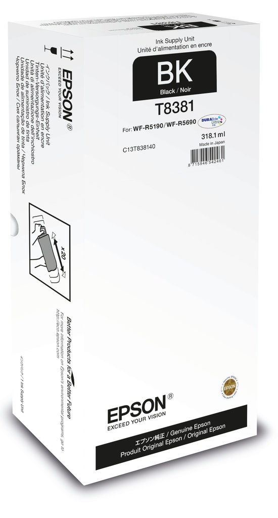 Epson C13T838140/T8381 Cartouche d'encre noire, 20.000 Pages 318.1ml pour Epson WF-R 5000/5190 BAM