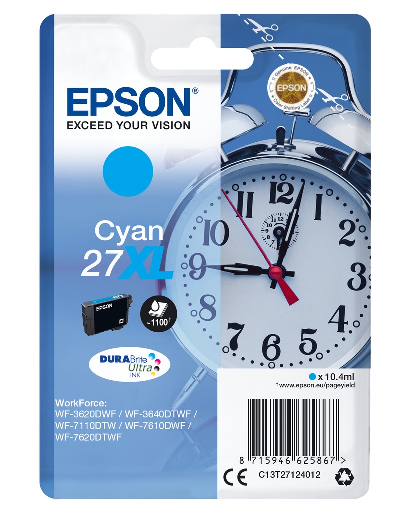 Epson C13T27124012/27XL Cartouche d'encre cyan haute capacité, 1.100 Feuilles 10,4ml pour Epson WF 3620