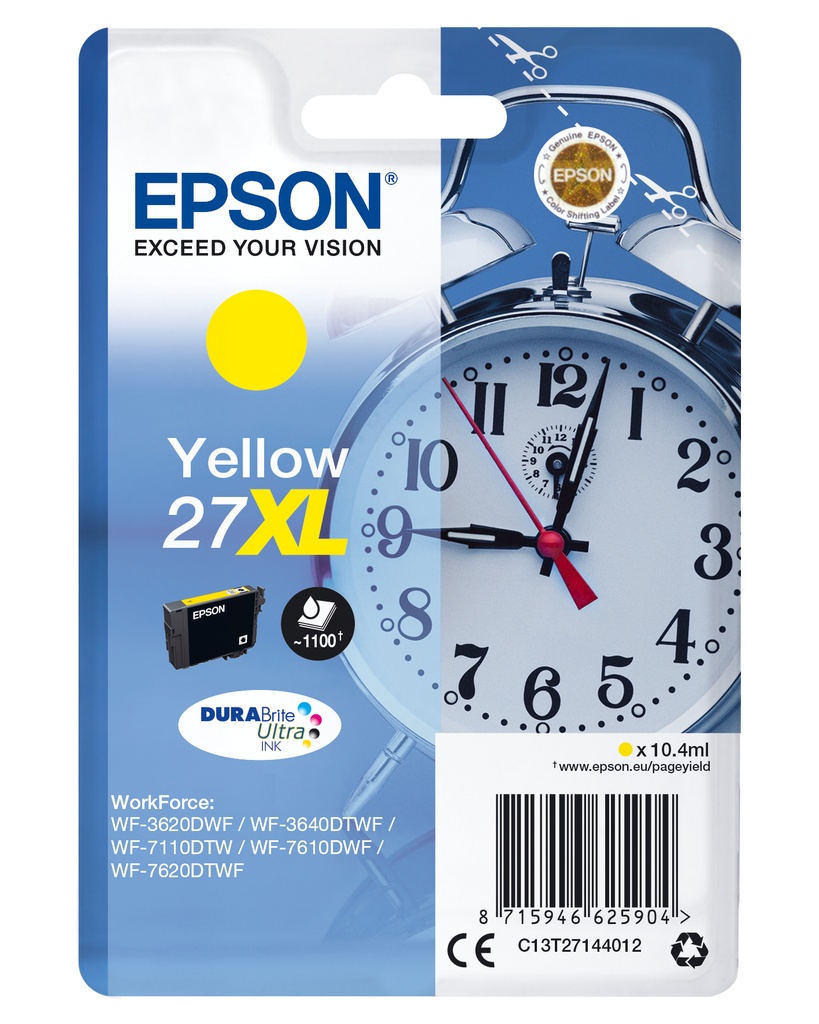 Epson C13T27144012/27XL Cartouche d'encre jaune haute capacité, 1.100 Feuilles 10,4ml pour Epson WF 3620