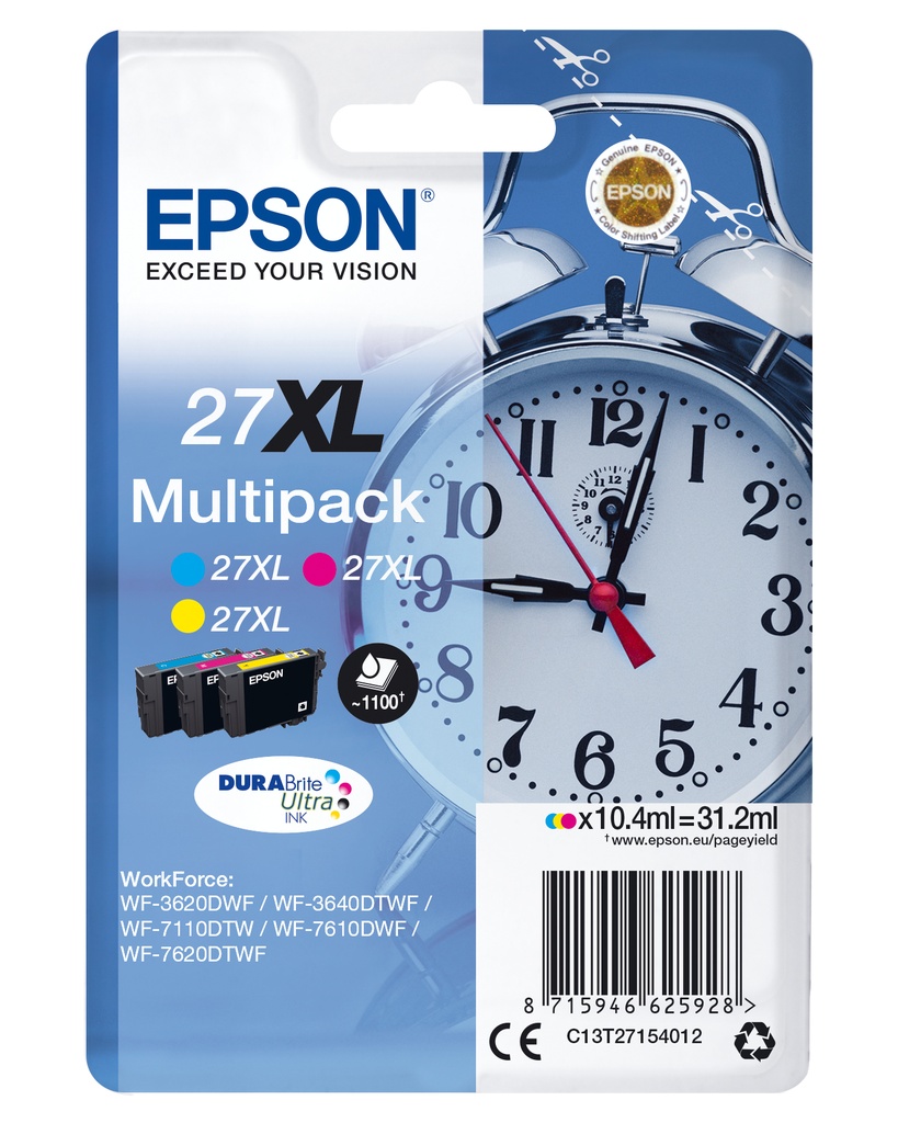 Epson C13T27154012/27XL Cartouche d'encre multi pack C,M,Y haute capacité, 3x1.100 Feuilles 10,4ml UE3 pour Epson WF 3620