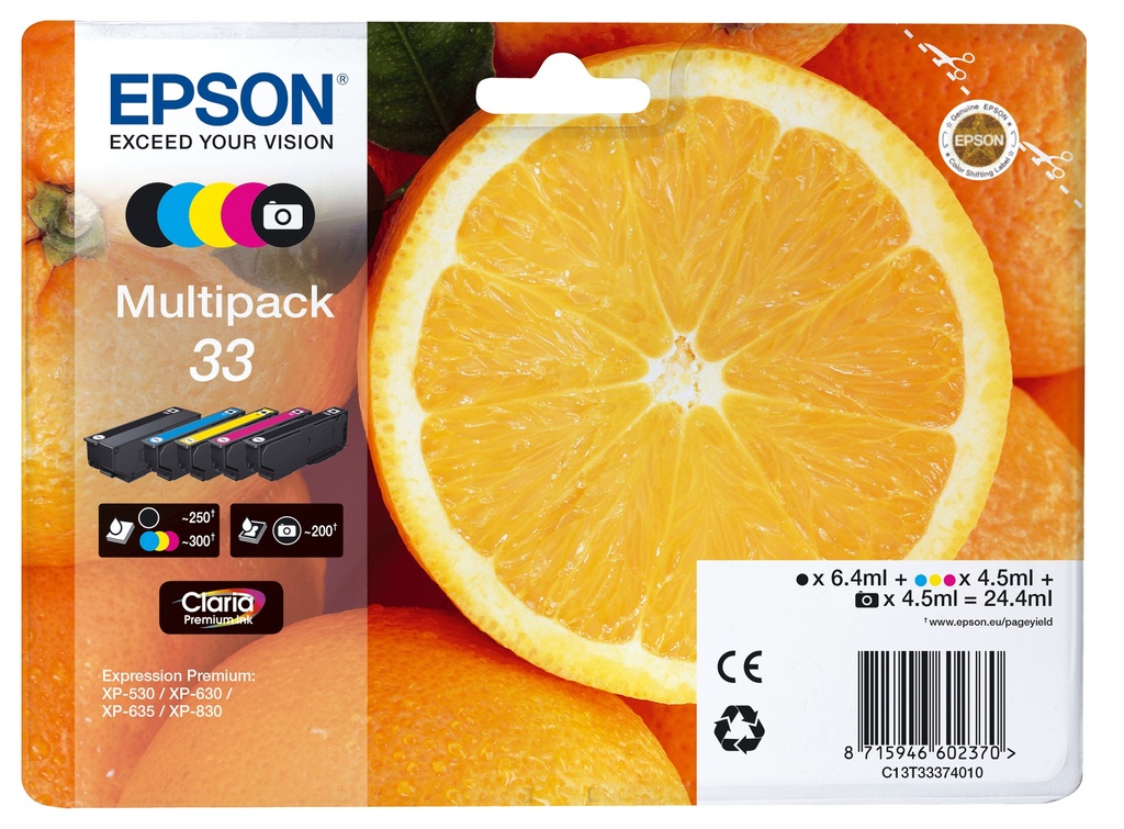 Epson C13T33374011/33 Cartouche d'encre multi pack Bk,C,M,Y,PBK EasyMail 6,4ml+4x4,5ml UE5 pour Epson XP 530