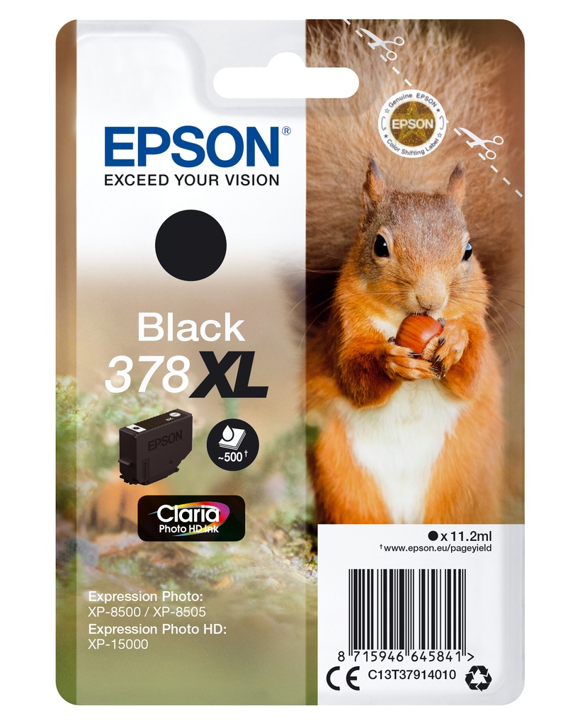 Epson C13T37914010/378XL Cartouche d'encre noire haute capacité, 500 Feuilles 11,2ml pour Epson XP 15000/8000