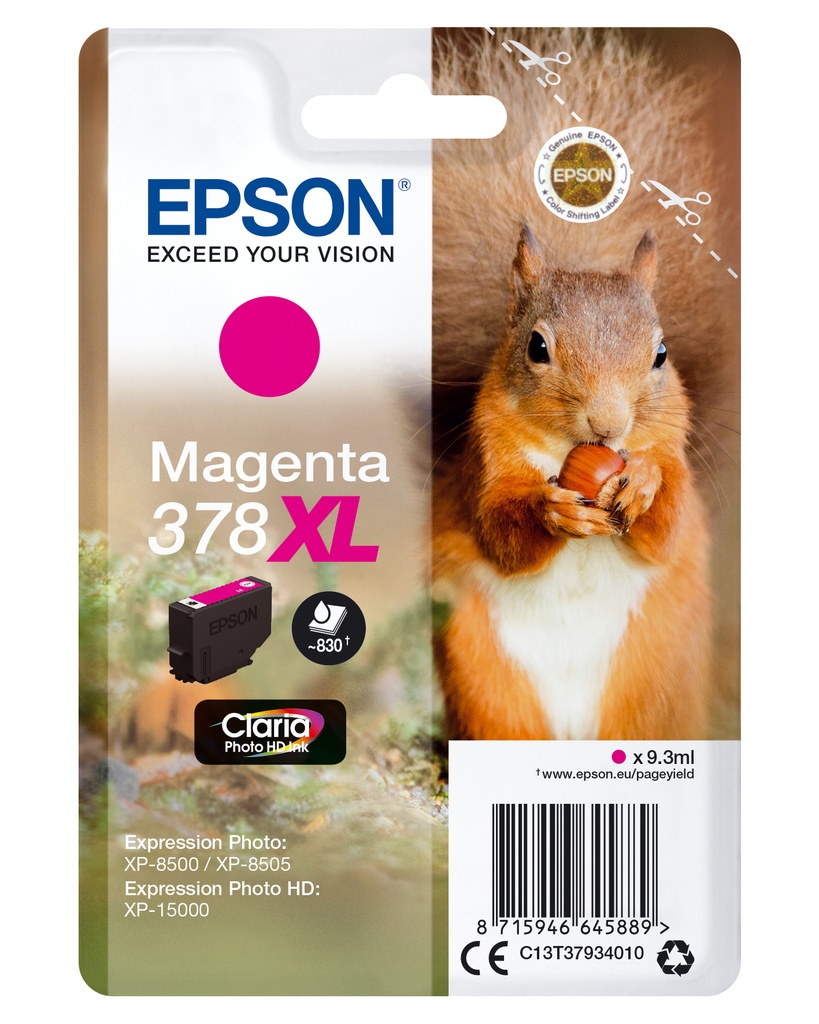 Epson C13T37934010/378XL Cartouche d'encre magenta haute capacité, 830 Feuilles 9,3ml pour Epson XP 15000/8000
