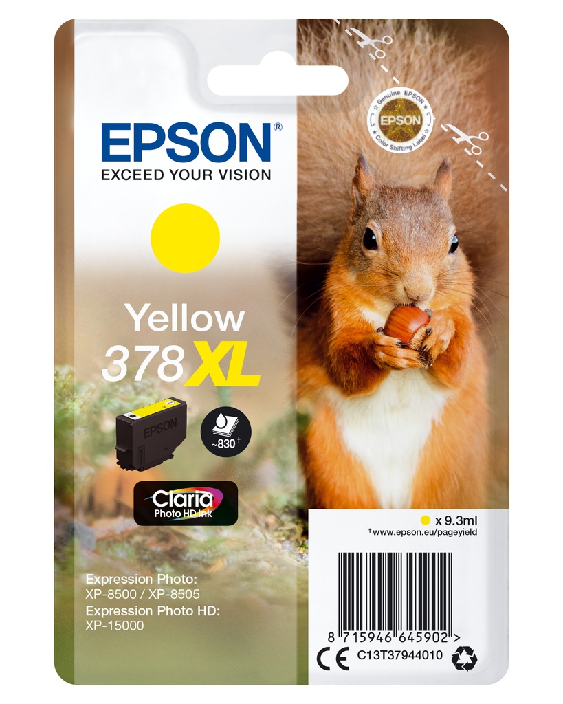 Epson C13T37944010/378XL Cartouche d'encre jaune haute capacité, 830 Feuilles 9,3ml pour Epson XP 15000/8000
