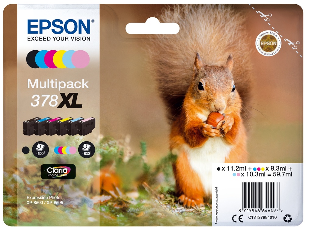 Epson C13T37984010/378XL Cartouche d'encre multi pack Bk,C,M,Y,LC,LM haute capacité 11,2ml 3x9,3ml 2x10,3ml UE6 pour Epson XP 8000