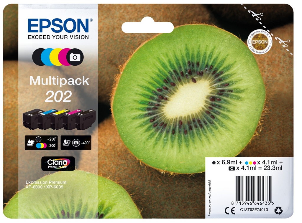 Epson C13T02E74010/202 Cartouche d'encre multi pack Bk,PBk,C,M,Y 6,9ml + 4x4,1ml UE5 pour Epson XP 6000