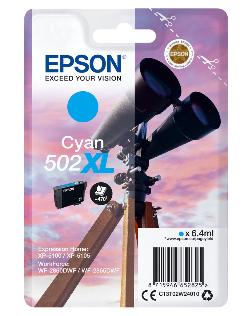 Epson C13T02W24010/502XL Cartouche d'encre cyan haute capacité, 470 Feuilles 6,4ml pour Epson XP 5100