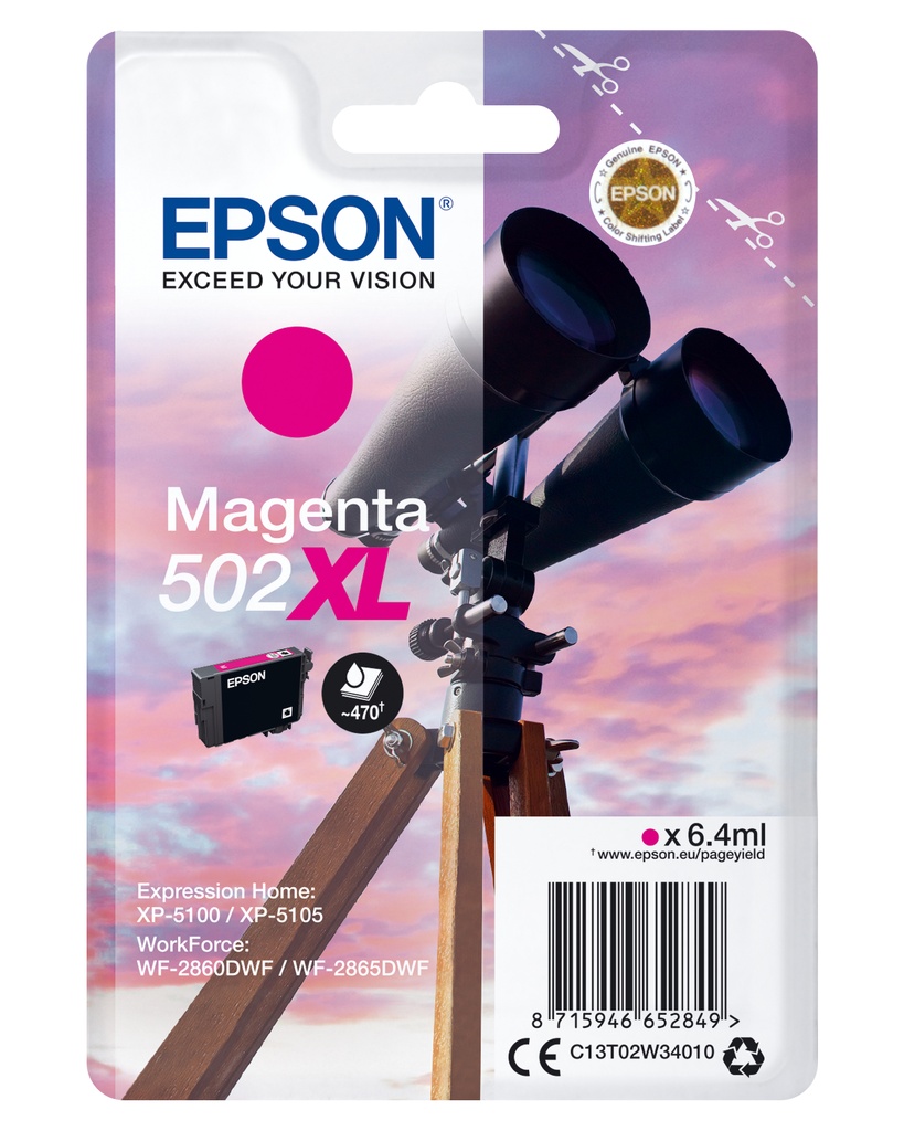 Epson C13T02W34010/502XL Cartouche d'encre magenta haute capacité, 470 Feuilles 6,4ml pour Epson XP 5100