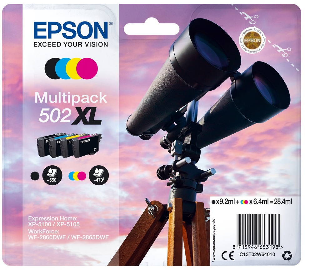 Epson C13T02W64010/502XL Cartouche d'encre multi pack Bk,C,M,Y haute capacité 28,4ml 9,2ml + 3x6,4ml UE4 pour Epson XP 5100
